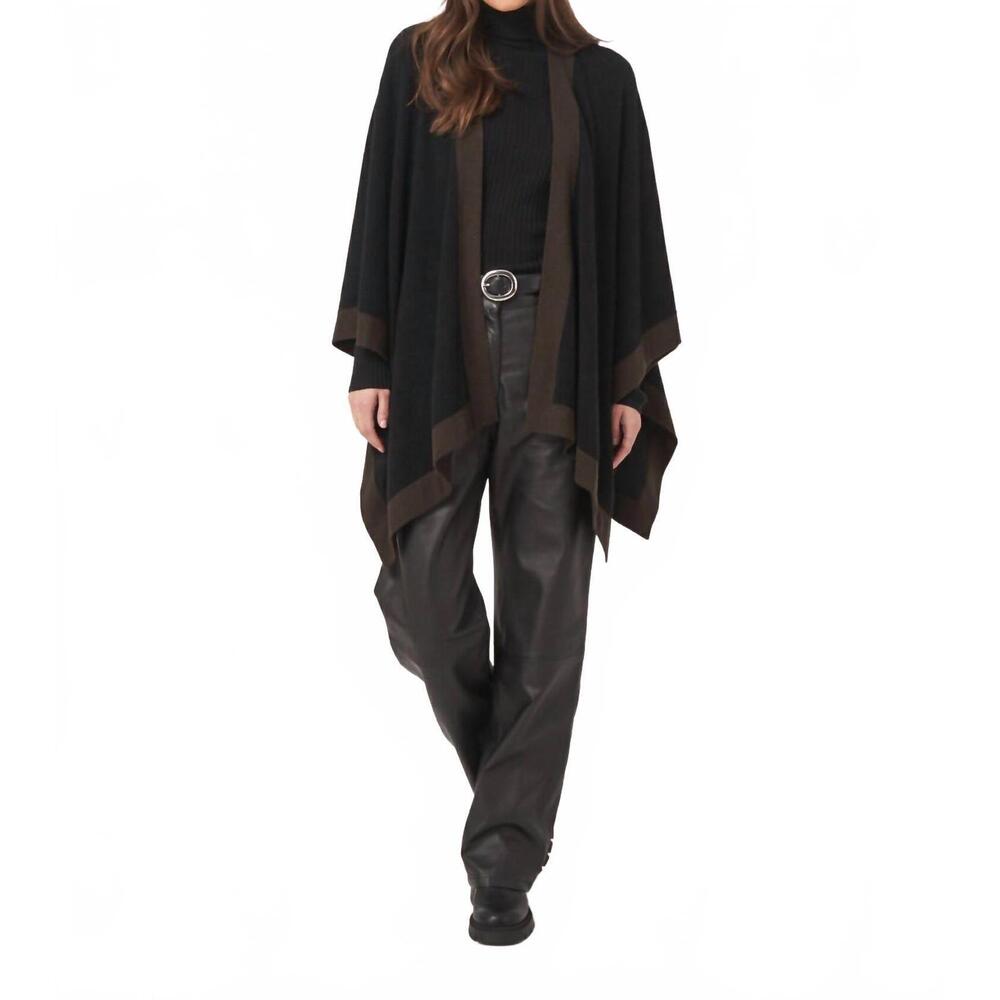 NEW REPEAT CASHMERE cashmere blend poncho with contrast border in black/brown